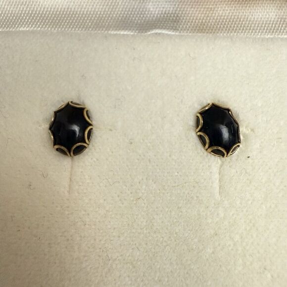 Vintage Estate 12k YELLOW GOLD ONYX OVAL STUD EARRINGS Mark Christopher Hawaii - Picture 3 of 14